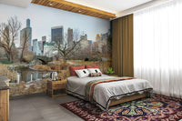 The colors are muted, with browns, grays, and the light blue or white of the sky.

