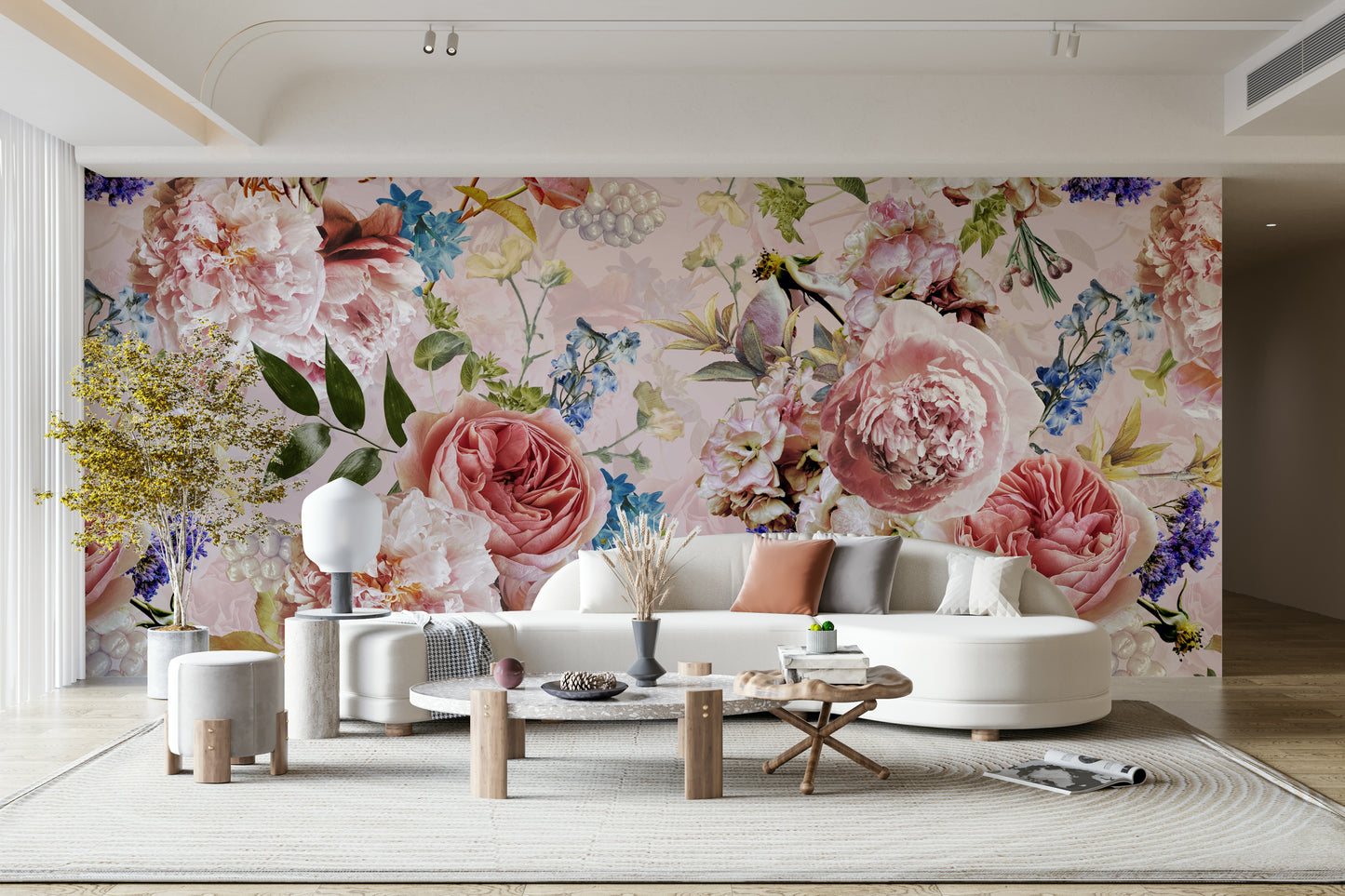 An elegant wall mural with a detailed floral pattern.

