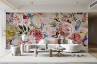 An elegant wall mural with a detailed floral pattern.

