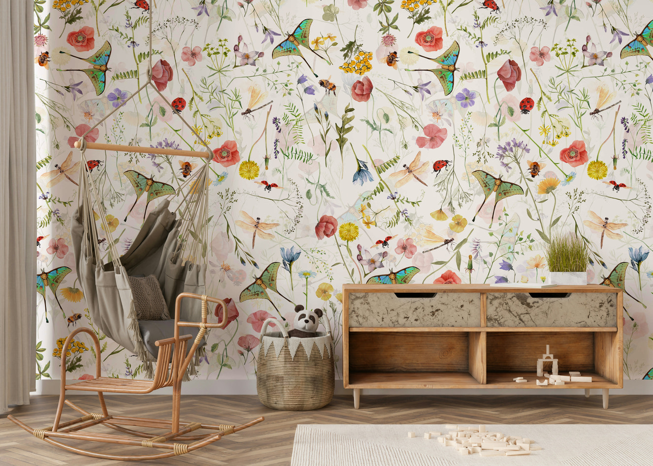 An elegant wall mural with a pattern of whimsical wildflowers.

