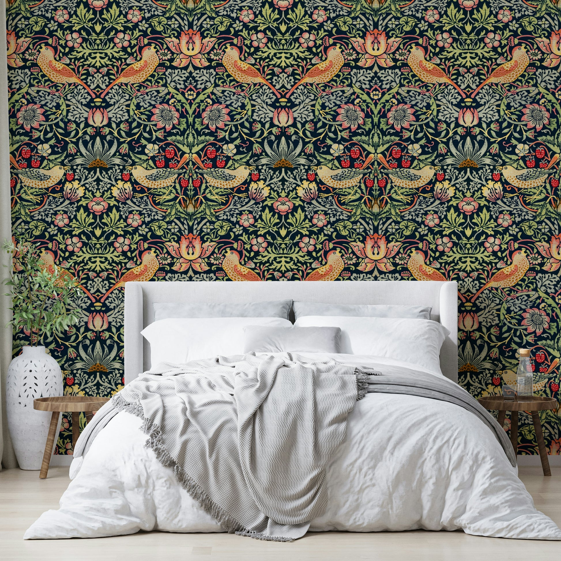 The image shows a repeating design with birds and strawberry plants.

