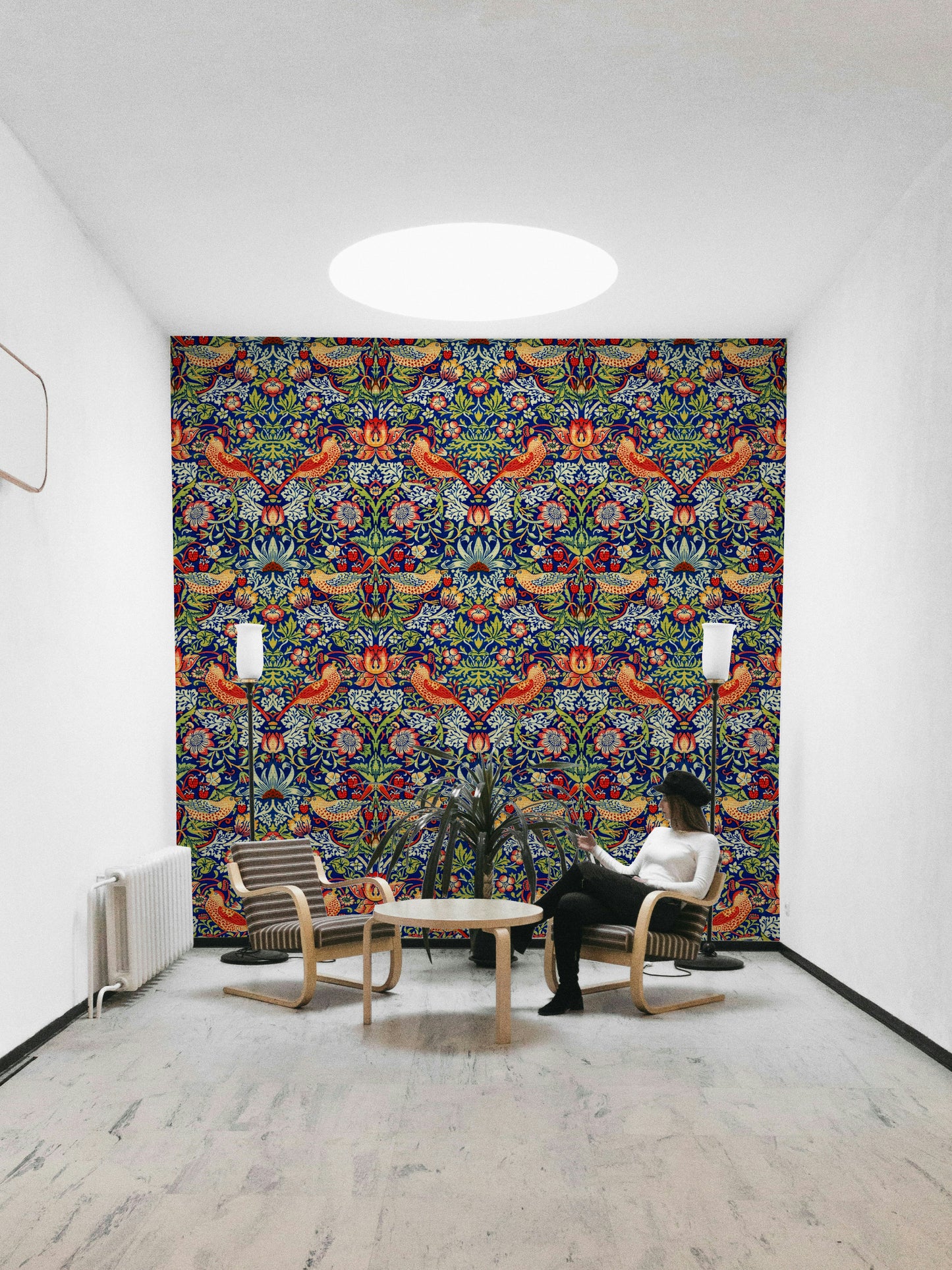 The wallpaper is installed in a formal, elegant living room.

