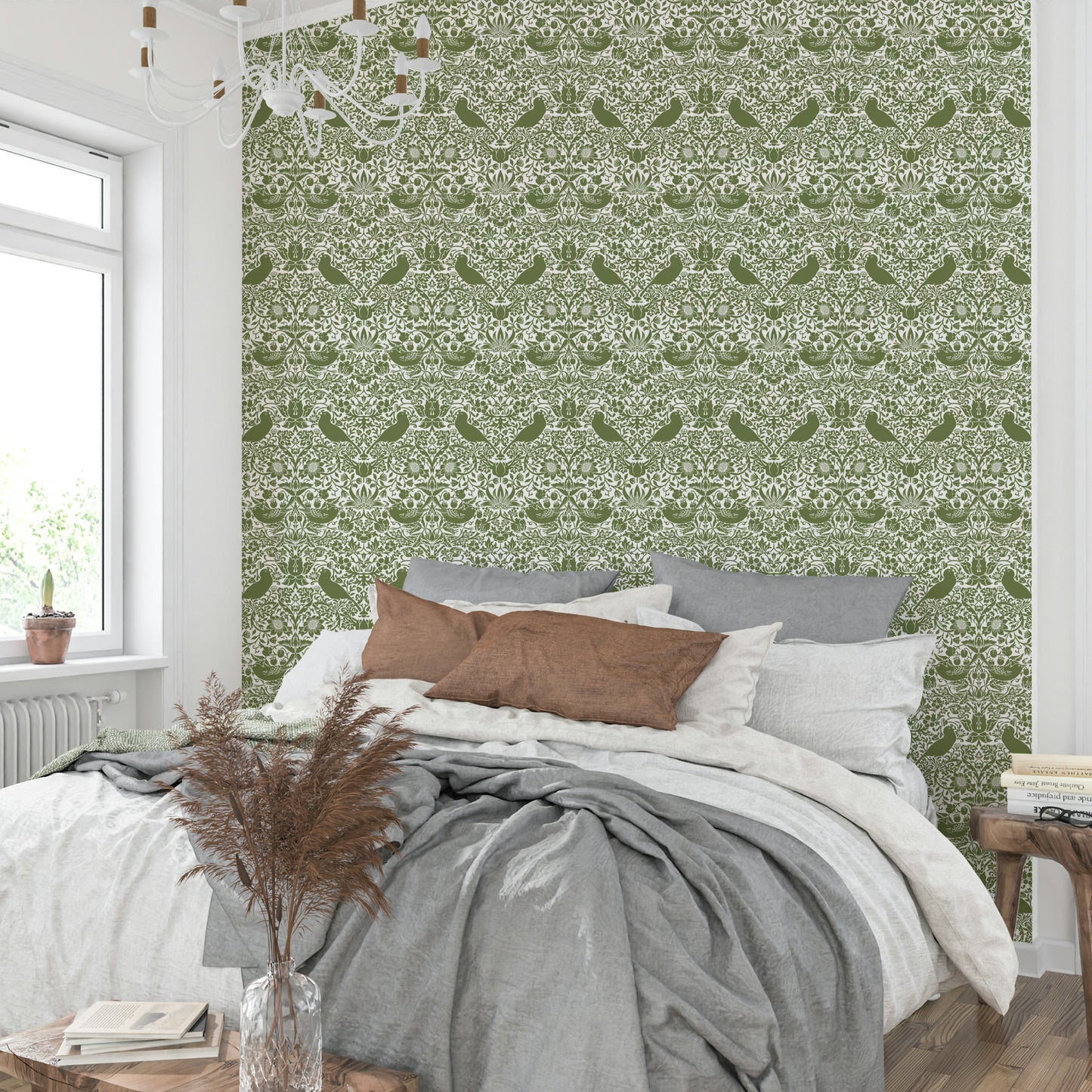 The image shows a repeating design with birds and strawberry plants.

