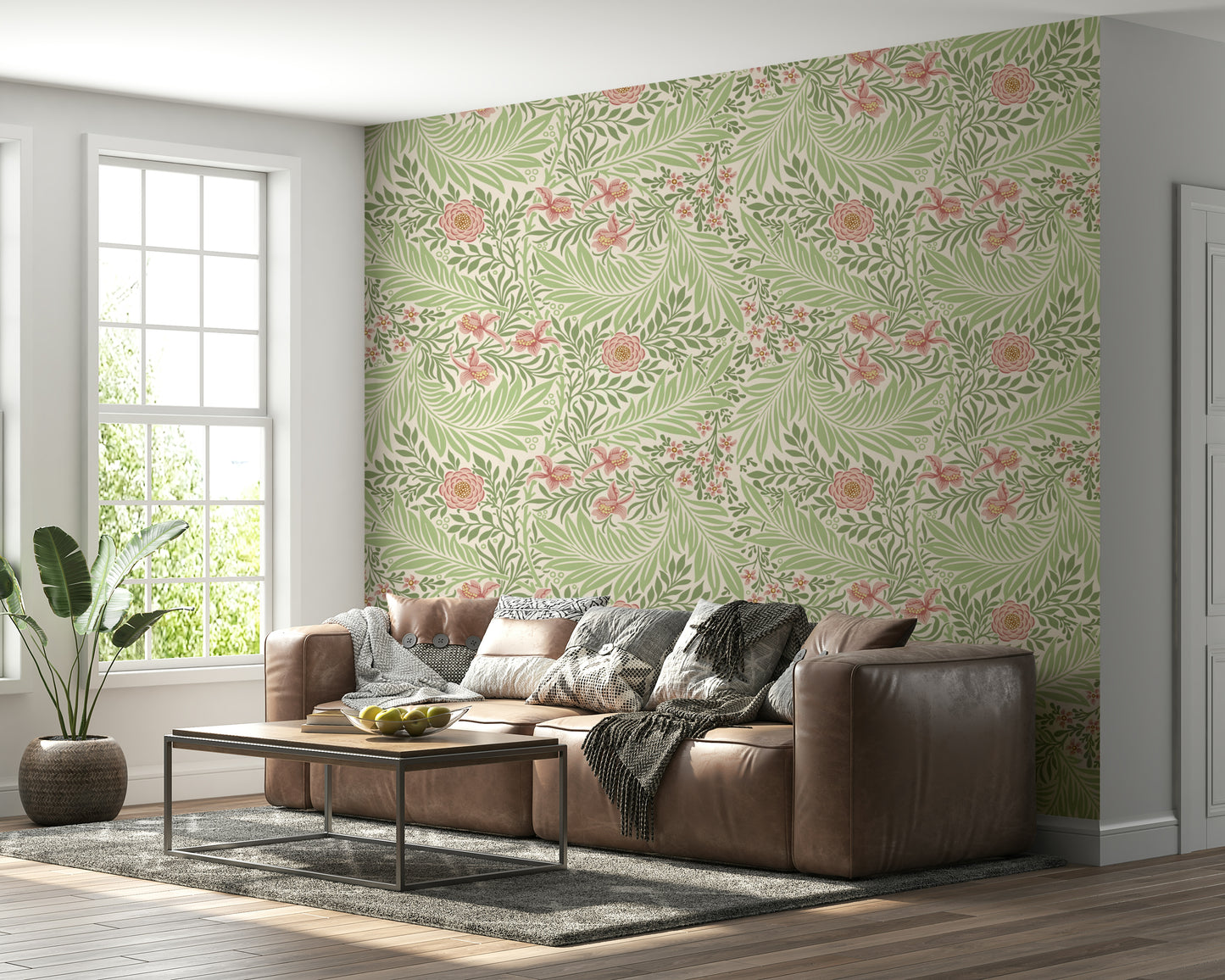 The wallpaper is installed in a formal, elegant living room.

