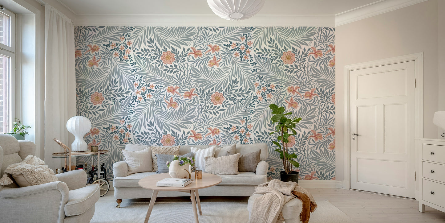 The wallpaper is installed in a formal, elegant living room.

