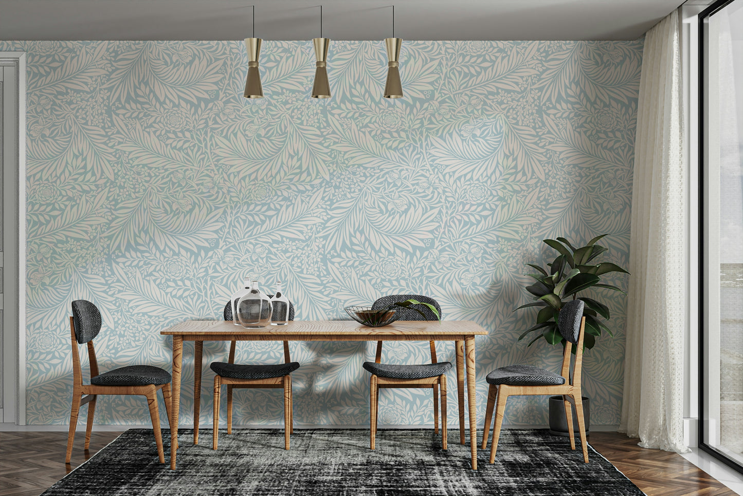 The image shows a repeating design with larkspur flowers and leaves.

