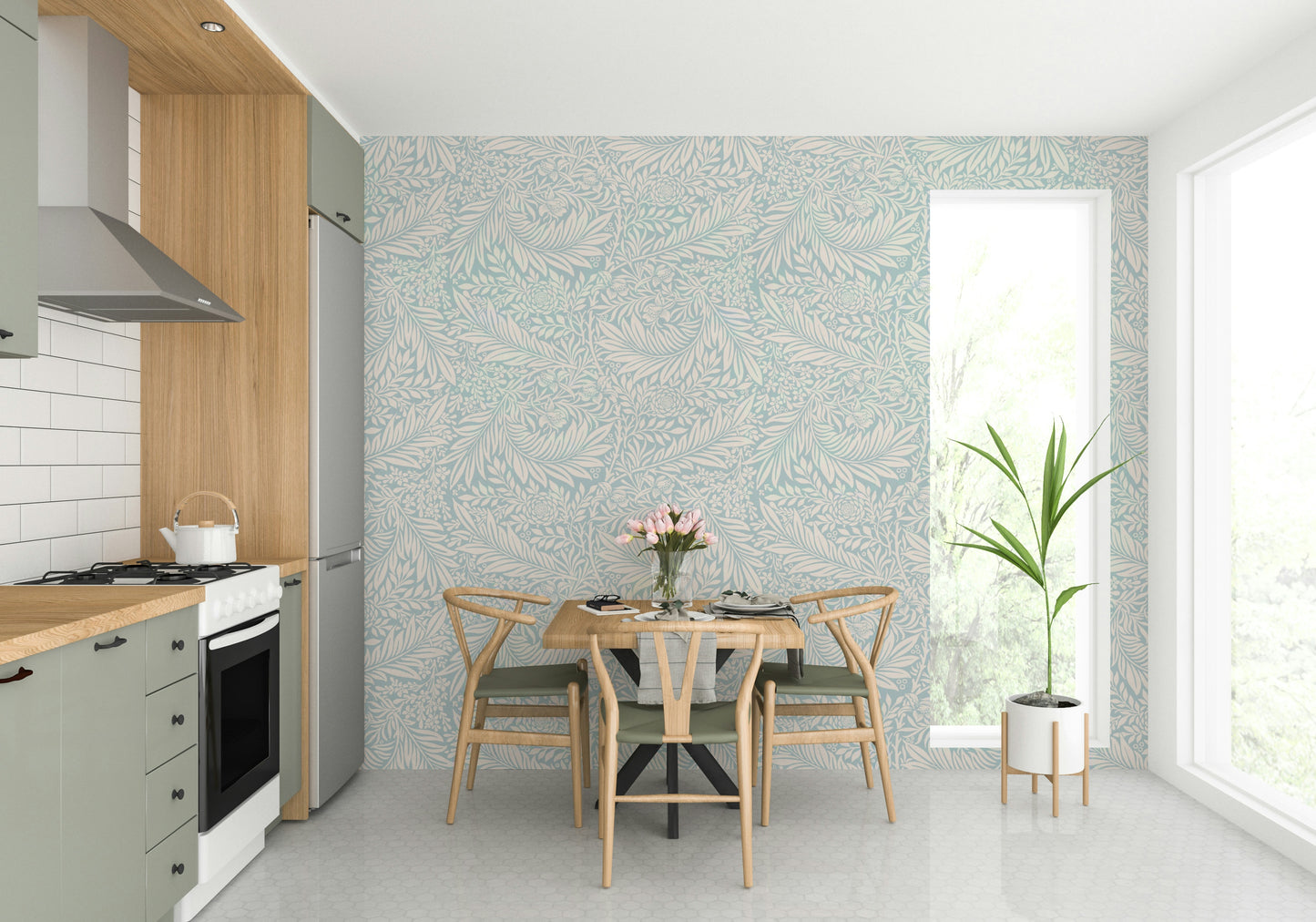 The wallpaper is installed in a formal, elegant living room.

