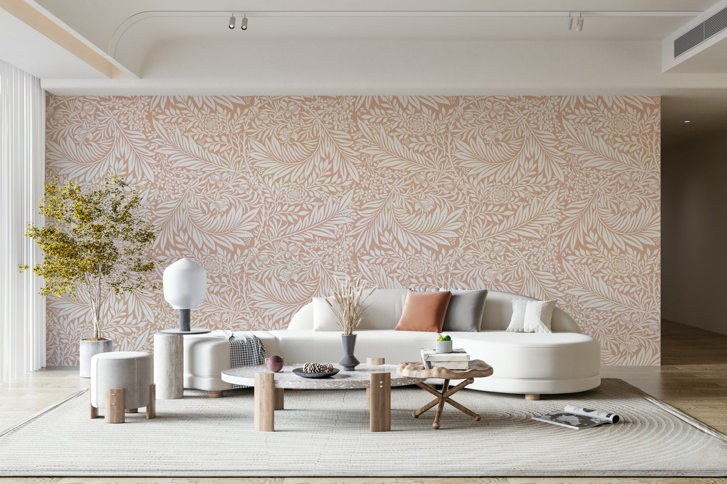 The image shows a repeating design with larkspur flowers and leaves.

