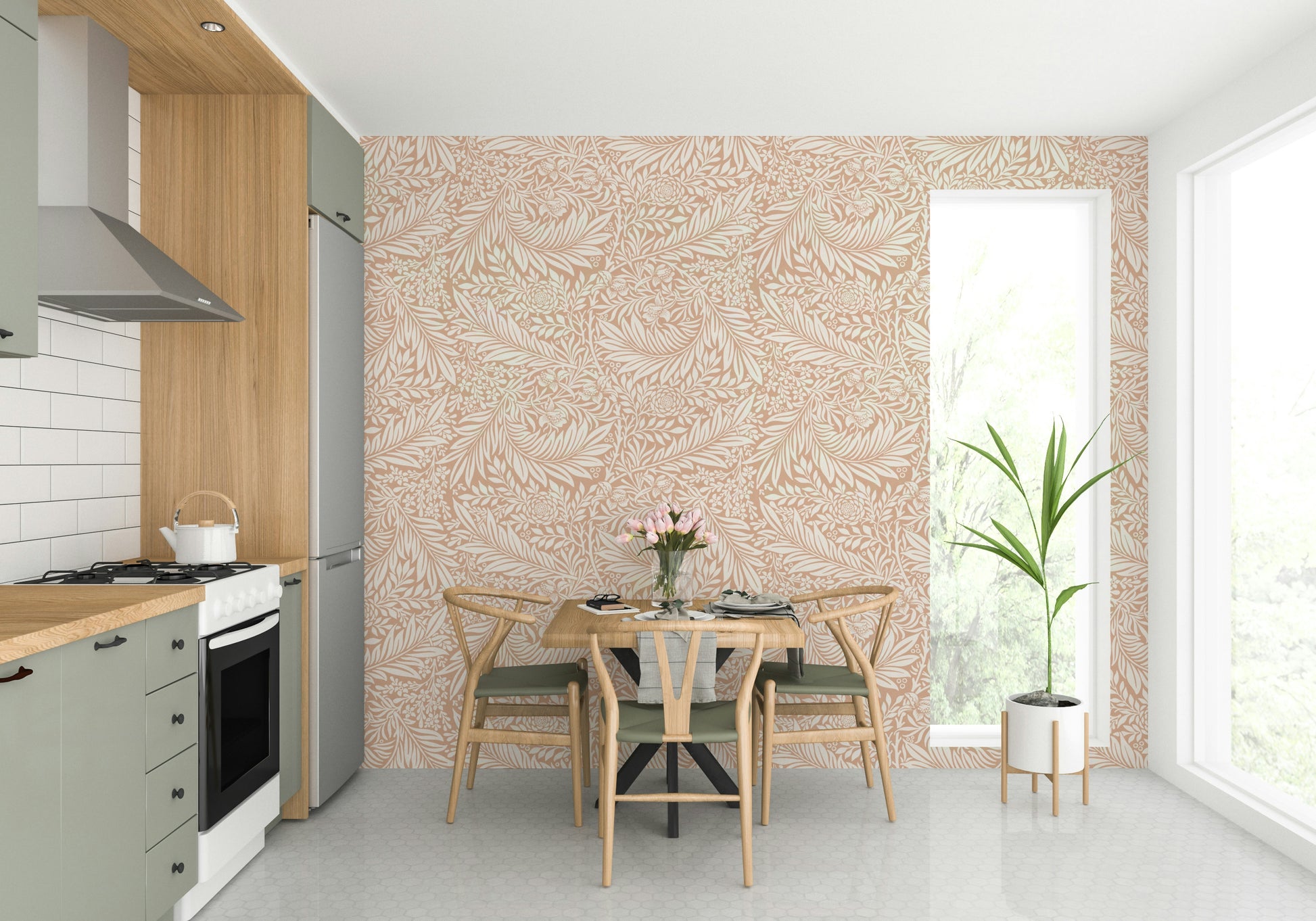 The wallpaper is installed in a formal, elegant living room.

