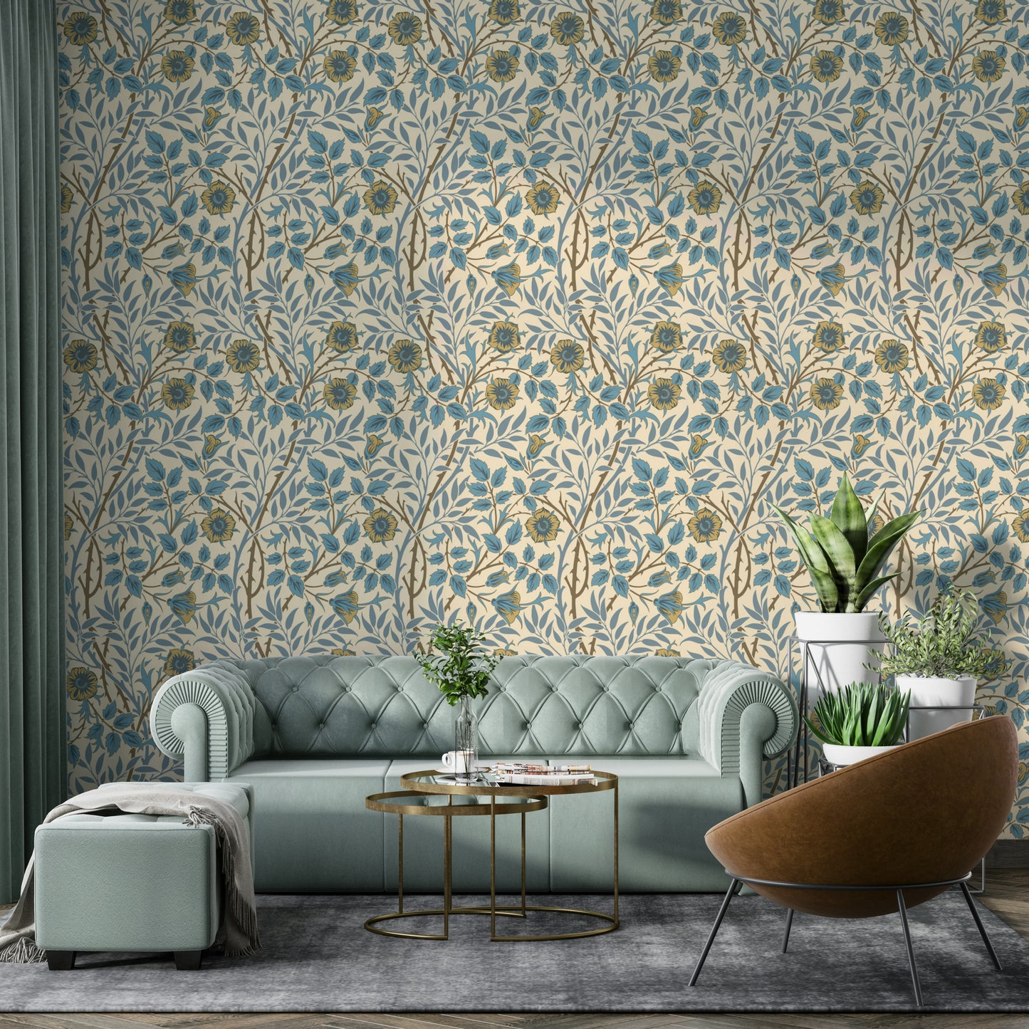 The wallpaper is installed in a formal, elegant living room.

