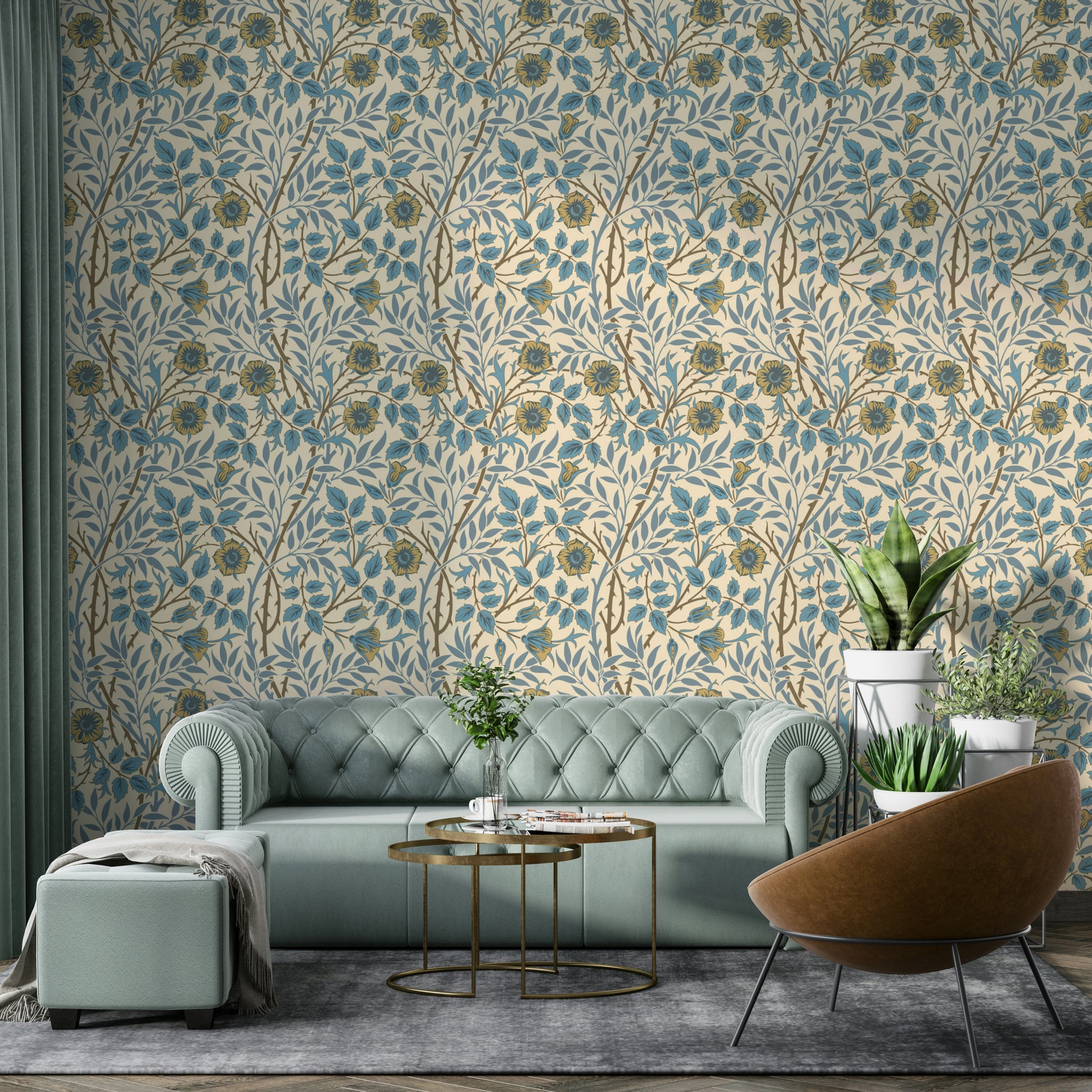 The wallpaper is installed in a formal, elegant living room.

