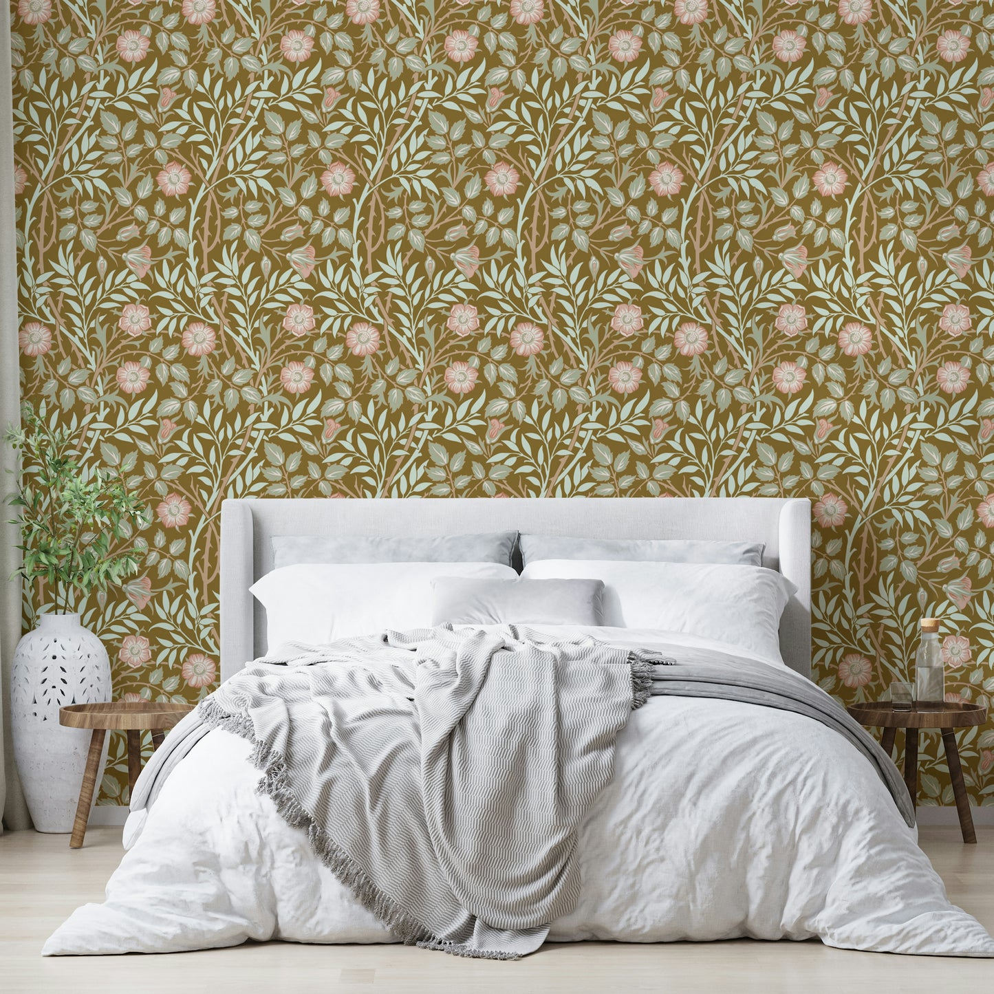 The image shows a repeating design with sweet briar roses and leaves.

