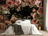 A peaceful wall mural with a dark floral design.

