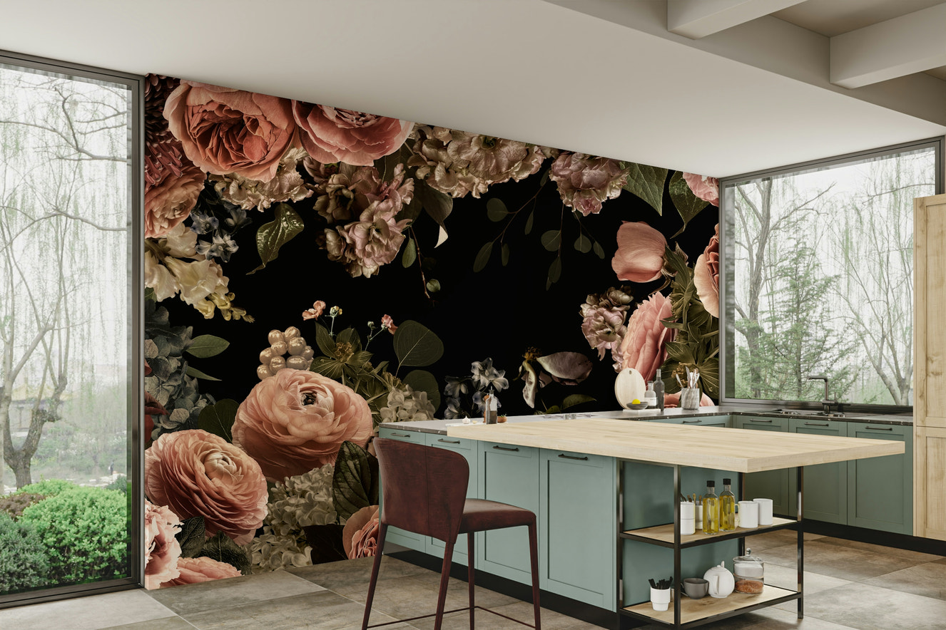 A peaceful wall mural with a dark floral design.

