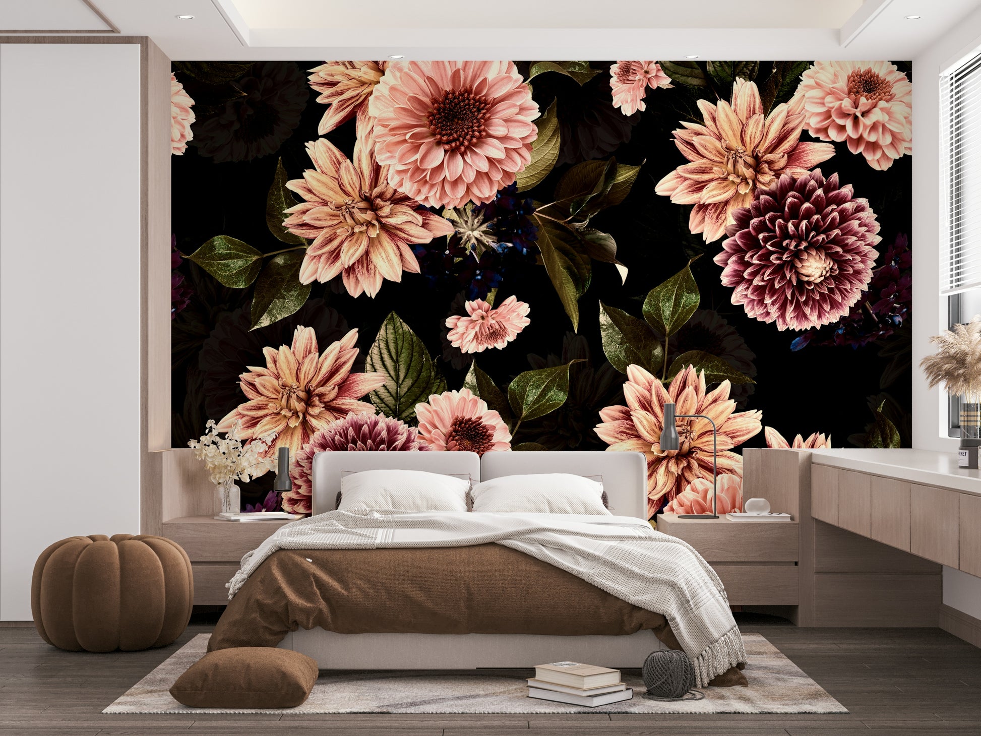 A peaceful wall mural with a vintage floral design.

