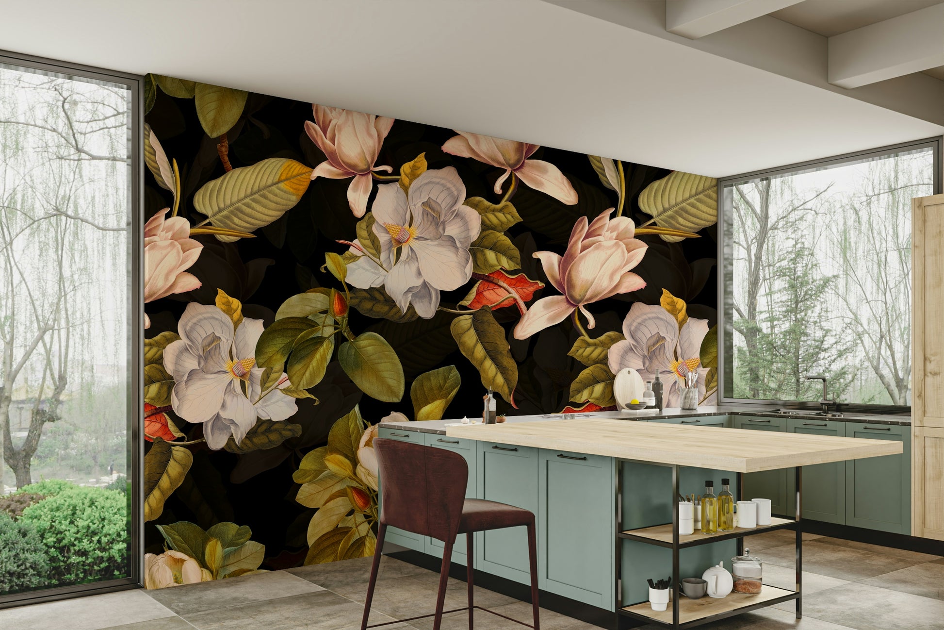 The flowers are large magnolia blooms.

