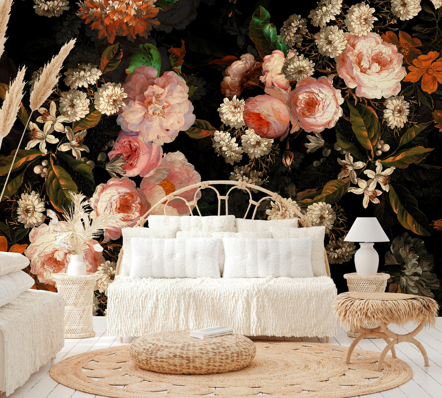 A peaceful wall mural with a baroque floral design.

