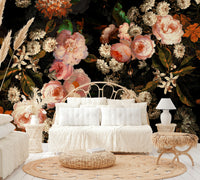 A peaceful wall mural with a baroque floral design.

