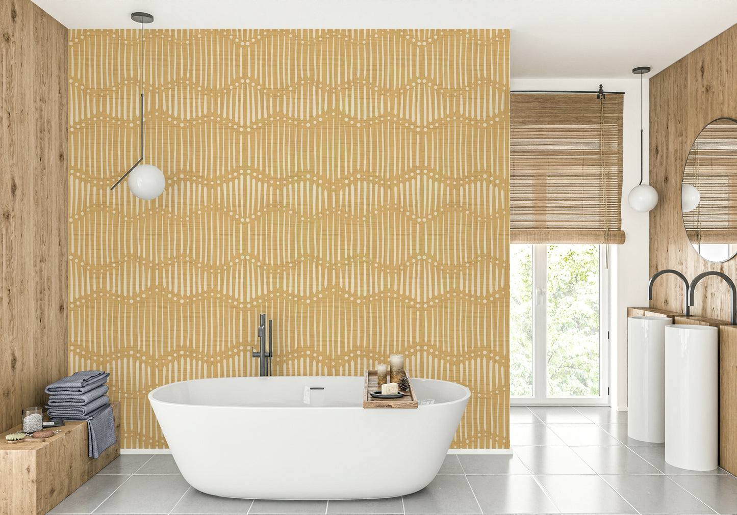 The wallpaper is installed in a modern, eclectic living room.


