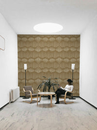 The wallpaper is installed in a modern, eclectic living room.


