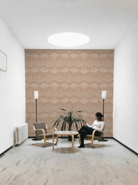 The wallpaper is installed in a modern, eclectic living room.

