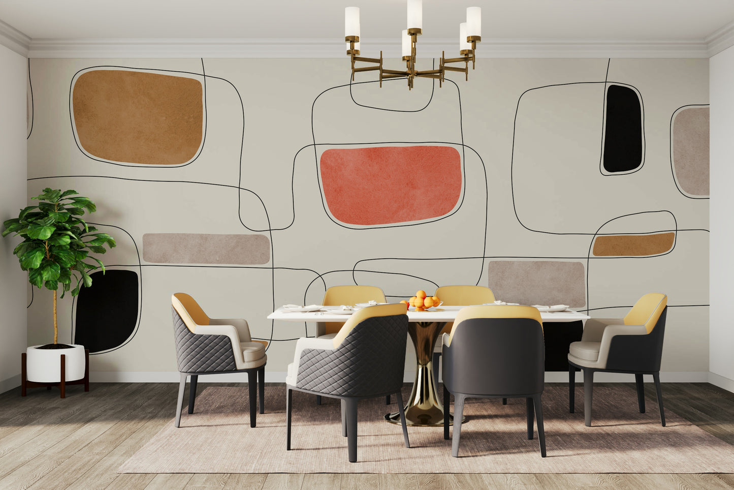 An elegant wall mural with a modern abstract design.

