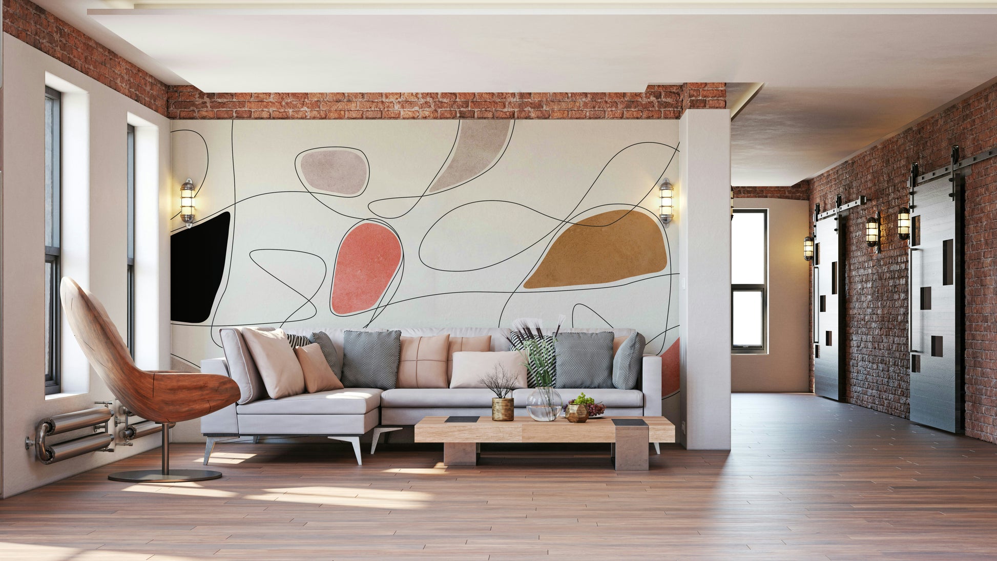 An energetic wall mural with an abstract design.

