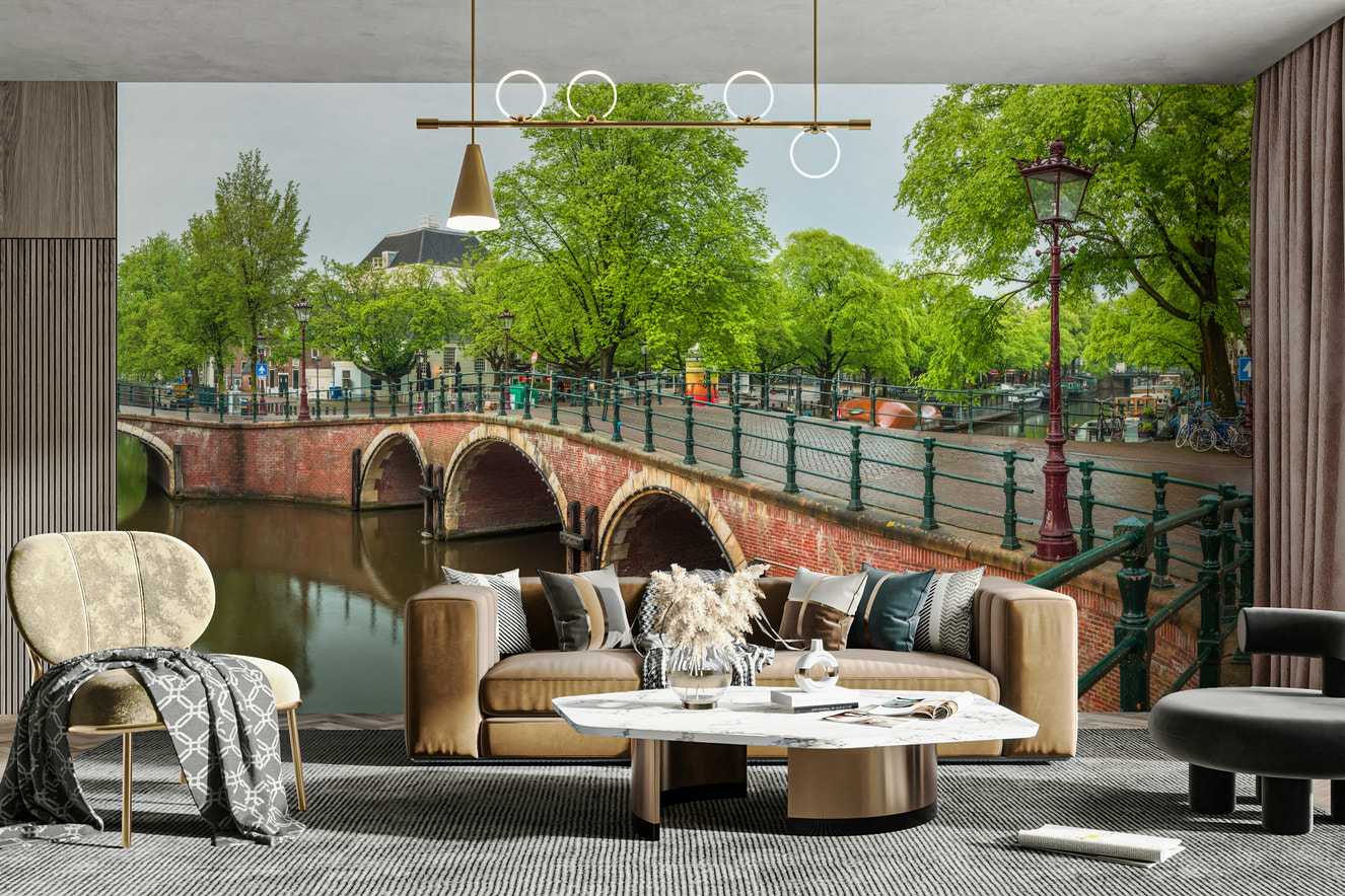 A peaceful wall mural with a view of a Dutch cityscape.

