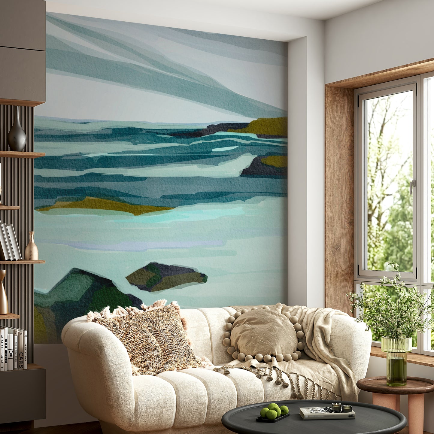 Gentle waves are rolling onto a sandy beach.

