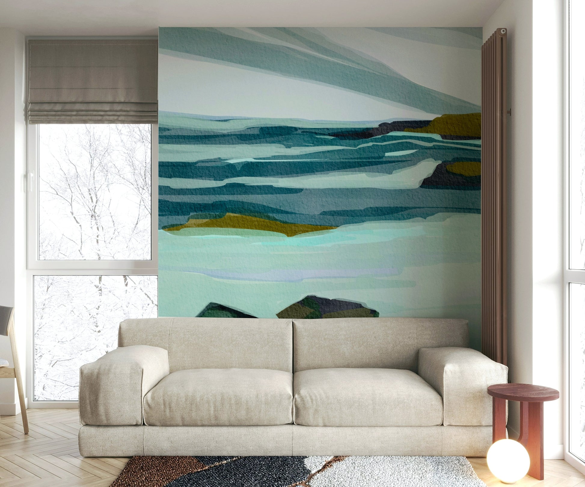 The colors are muted and gentle, like soft blues, whites, and browns.

