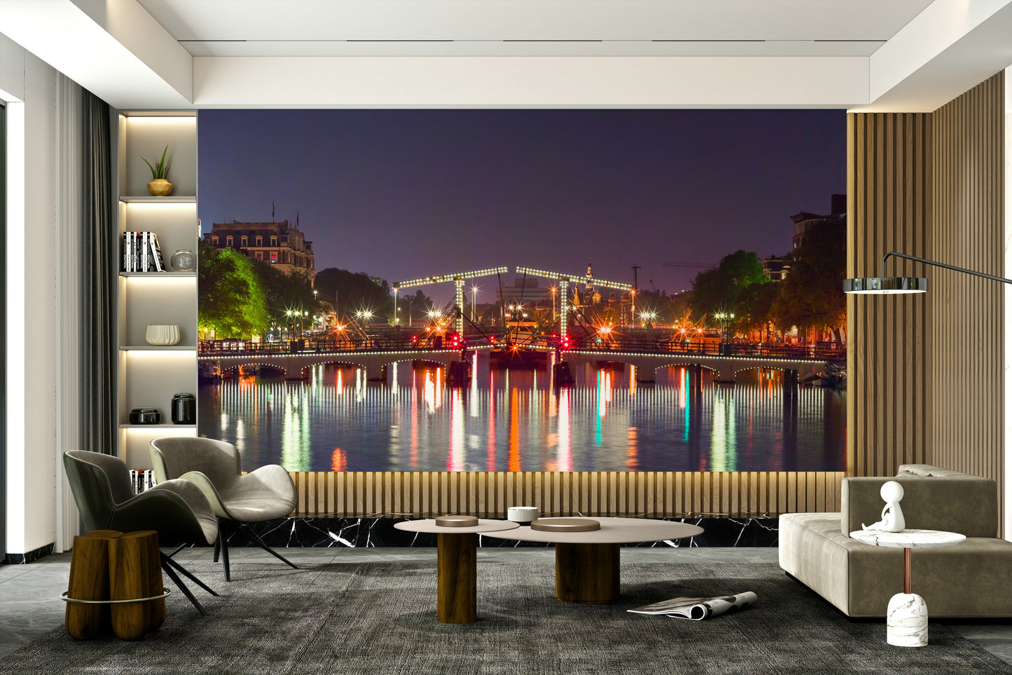 The colors are a mix of deep blues, soft oranges, and warm yellows.

