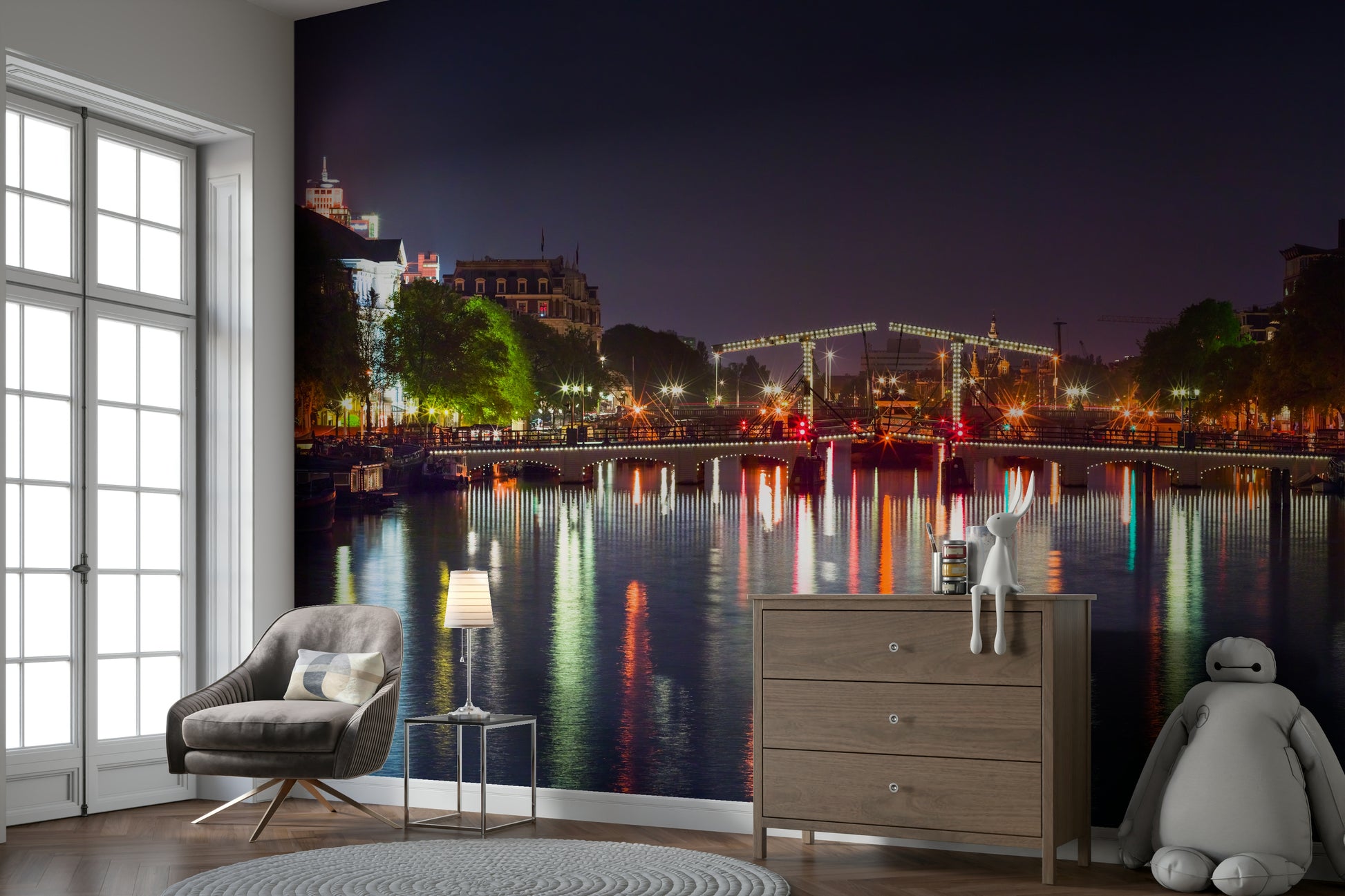 Streetlights and interior lights are glowing softly.

