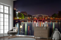 Streetlights and interior lights are glowing softly.

