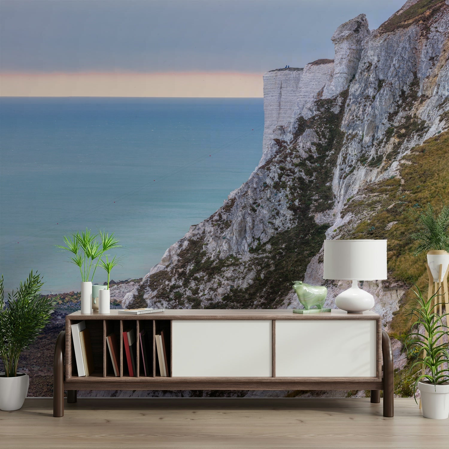 Large cliffs line the edge of the ocean.

