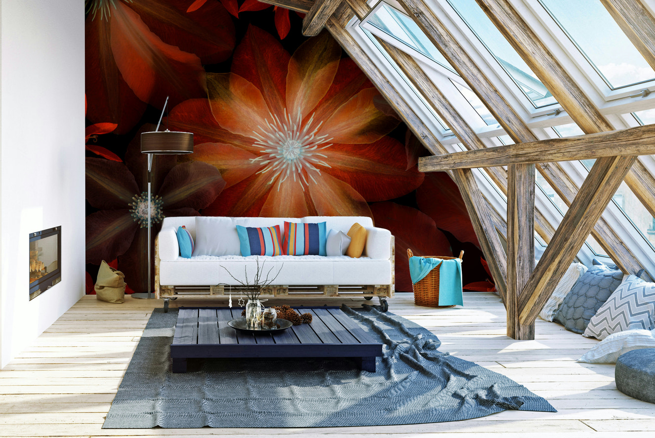 An elegant wall mural with a close-up of flowers.

