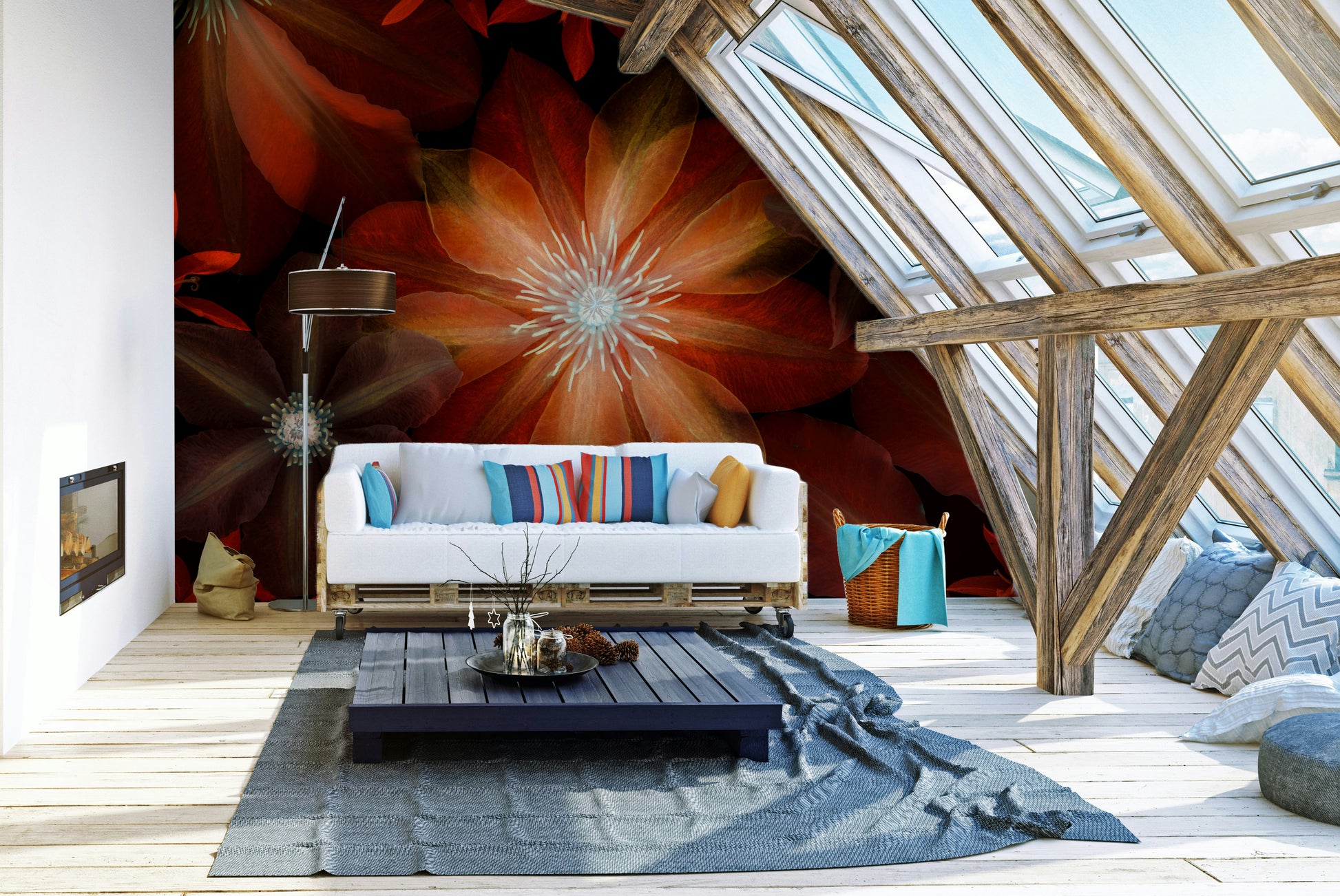 An elegant wall mural with a close-up of flowers.

