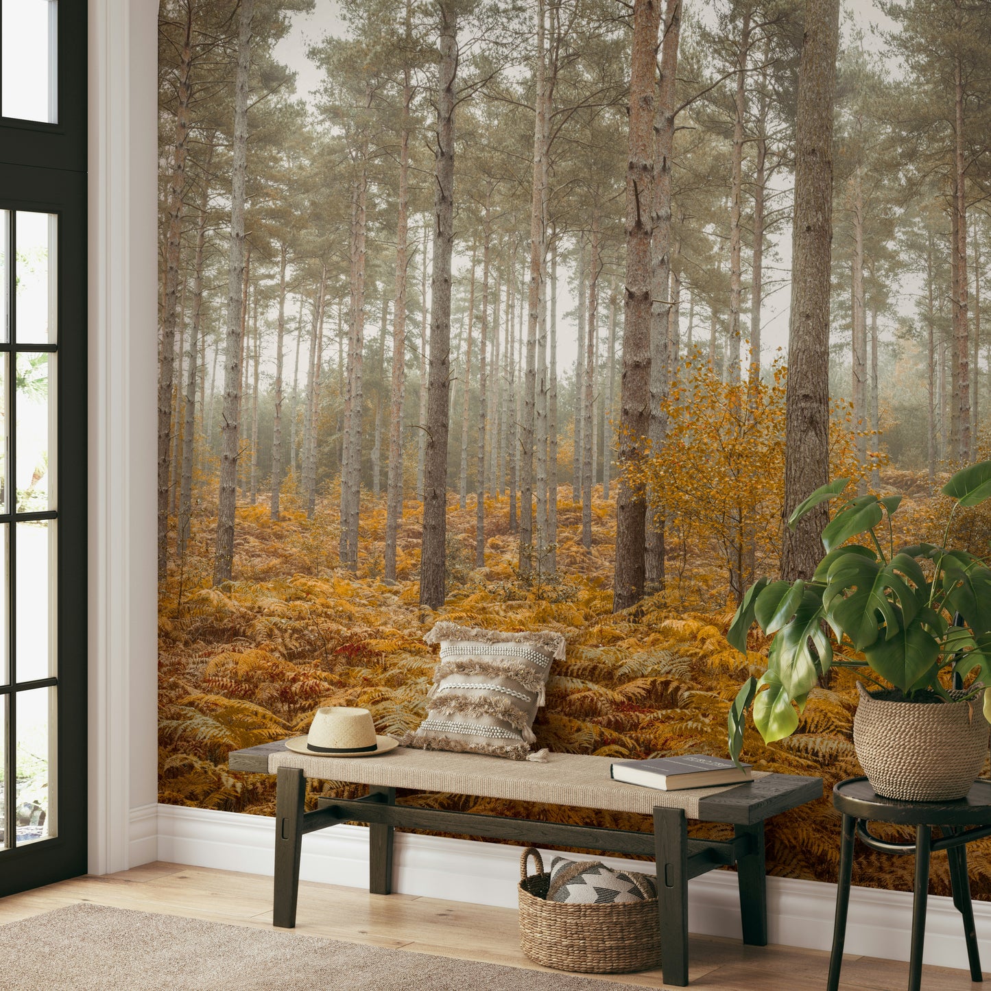 A peaceful wall mural with a dream-like forest scene.

