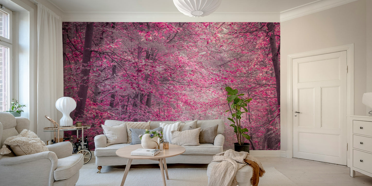 A peaceful wall mural with a pink forest scene.

