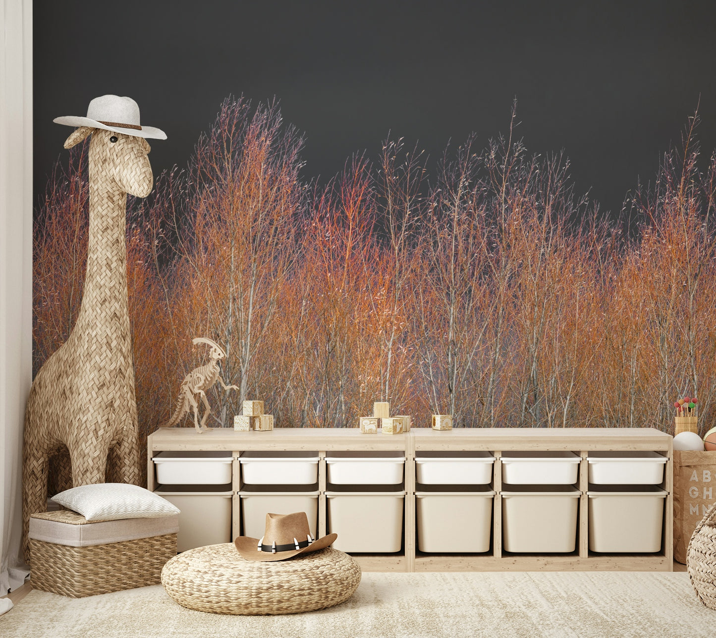 The trees are tall and their silhouettes are visible against the light.

