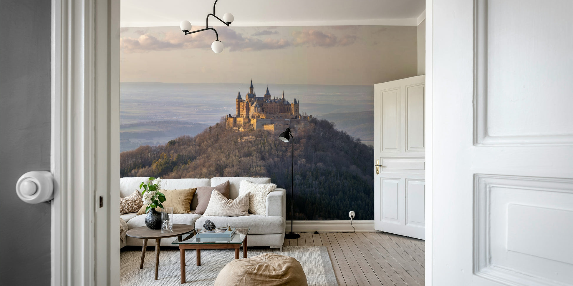 The light is soft and warm, with a golden or orange glow.

