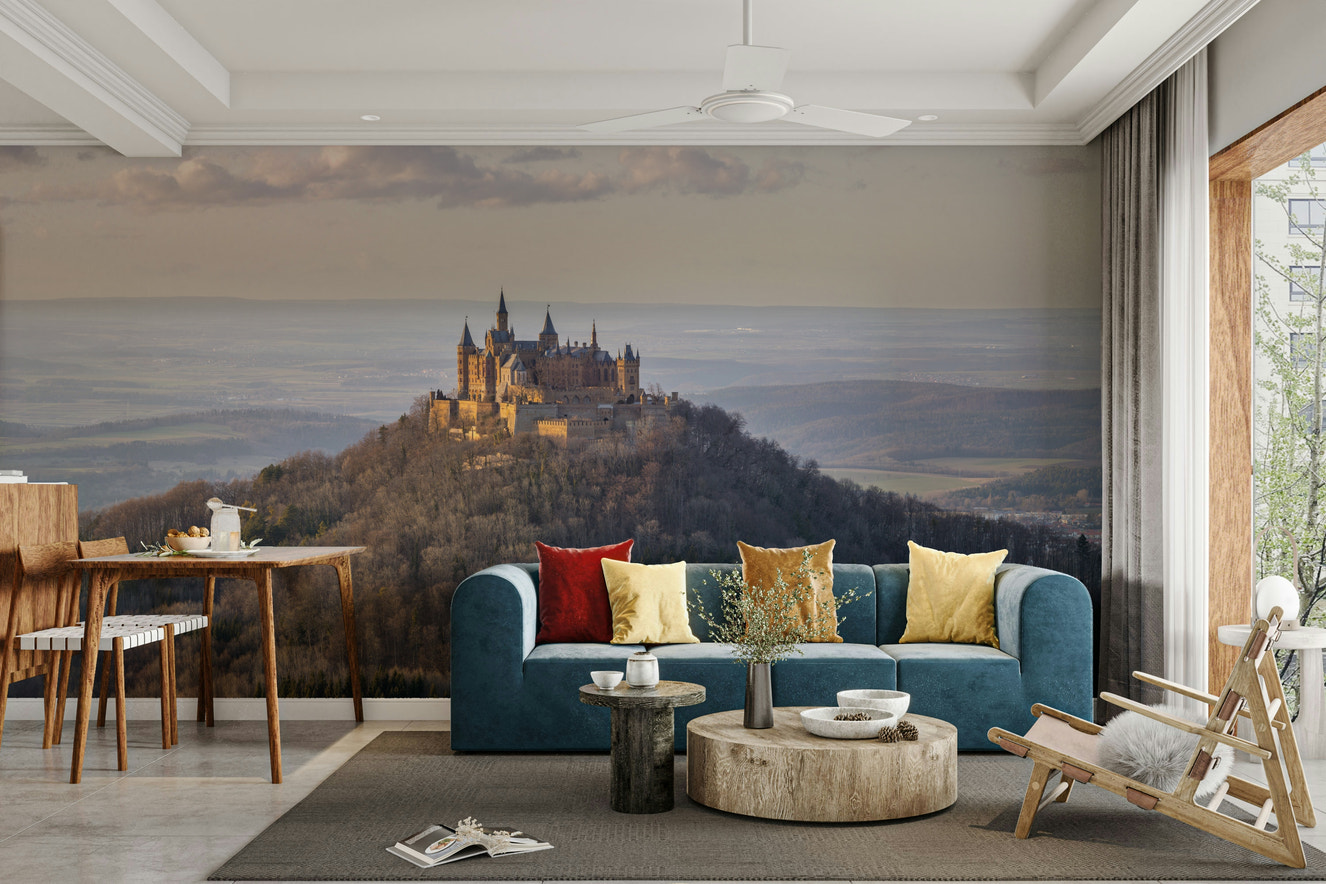 An elegant wall mural with a view of a fortress or city.

