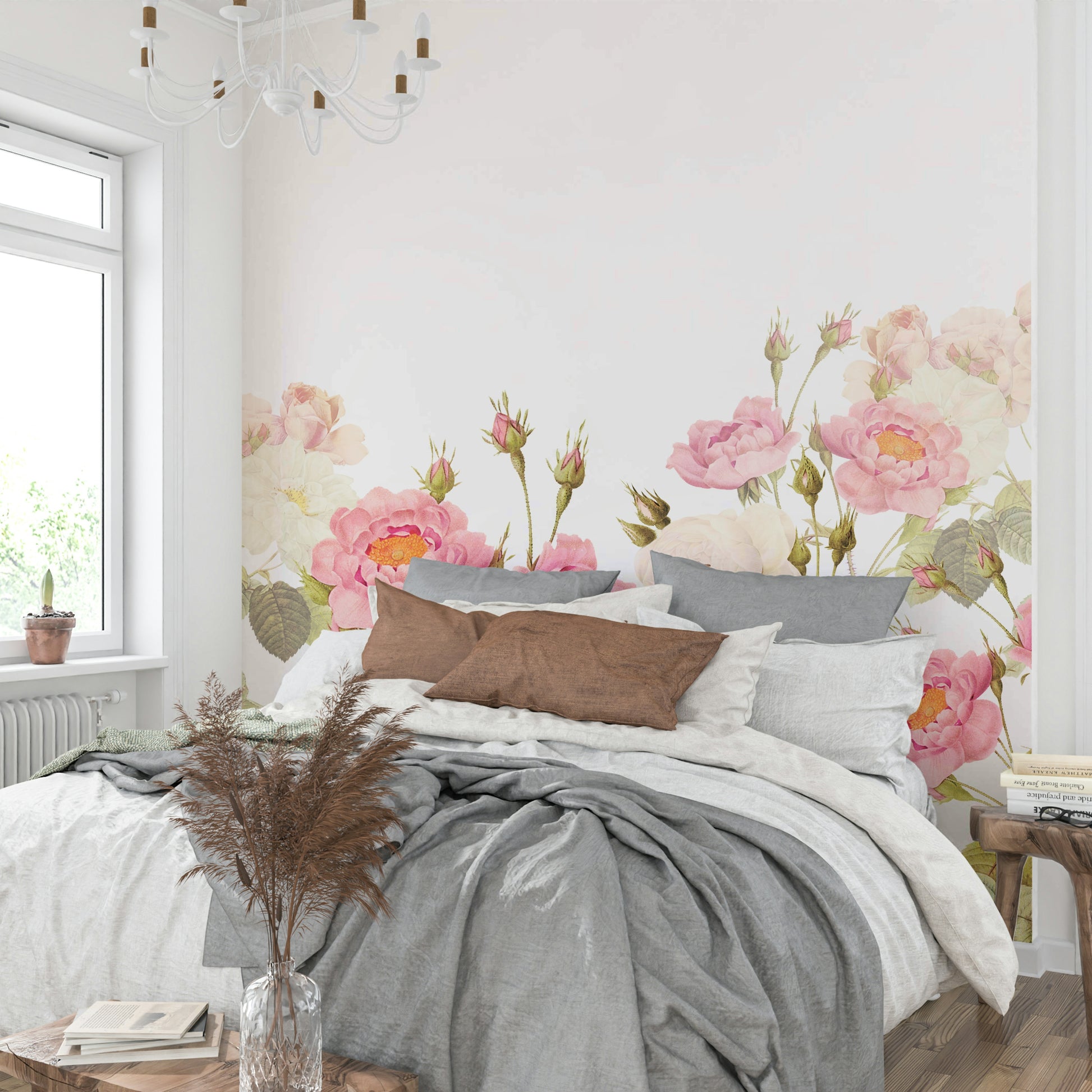 A peaceful wall mural with a garden of vintage-style roses.

