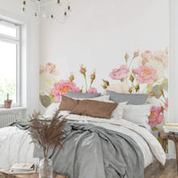 A peaceful wall mural with a garden of vintage-style roses.

