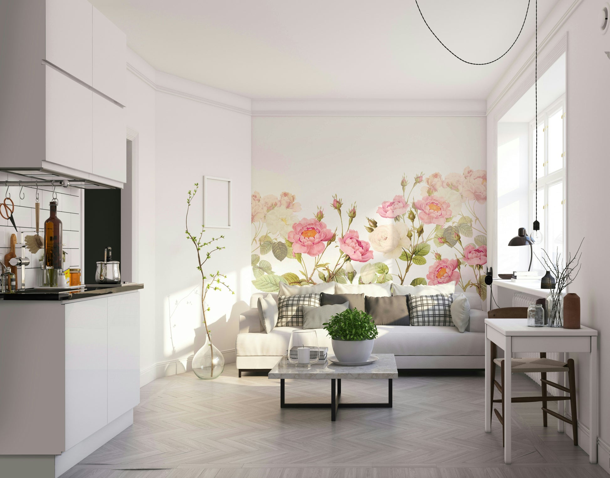 The flowers are in soft, blush tones like pale pinks and whites.

