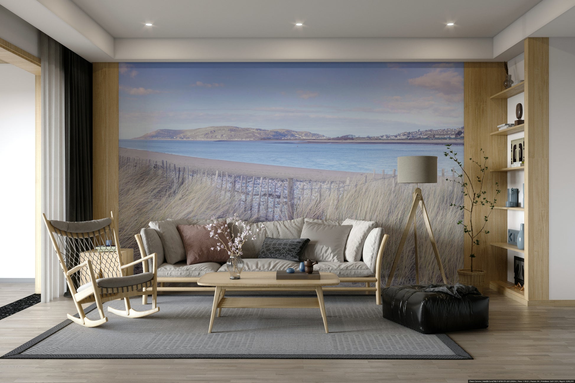 A peaceful wall mural with a panoramic view of the North Wales coast.

