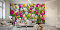 A peaceful wall mural with a field of tulips.

