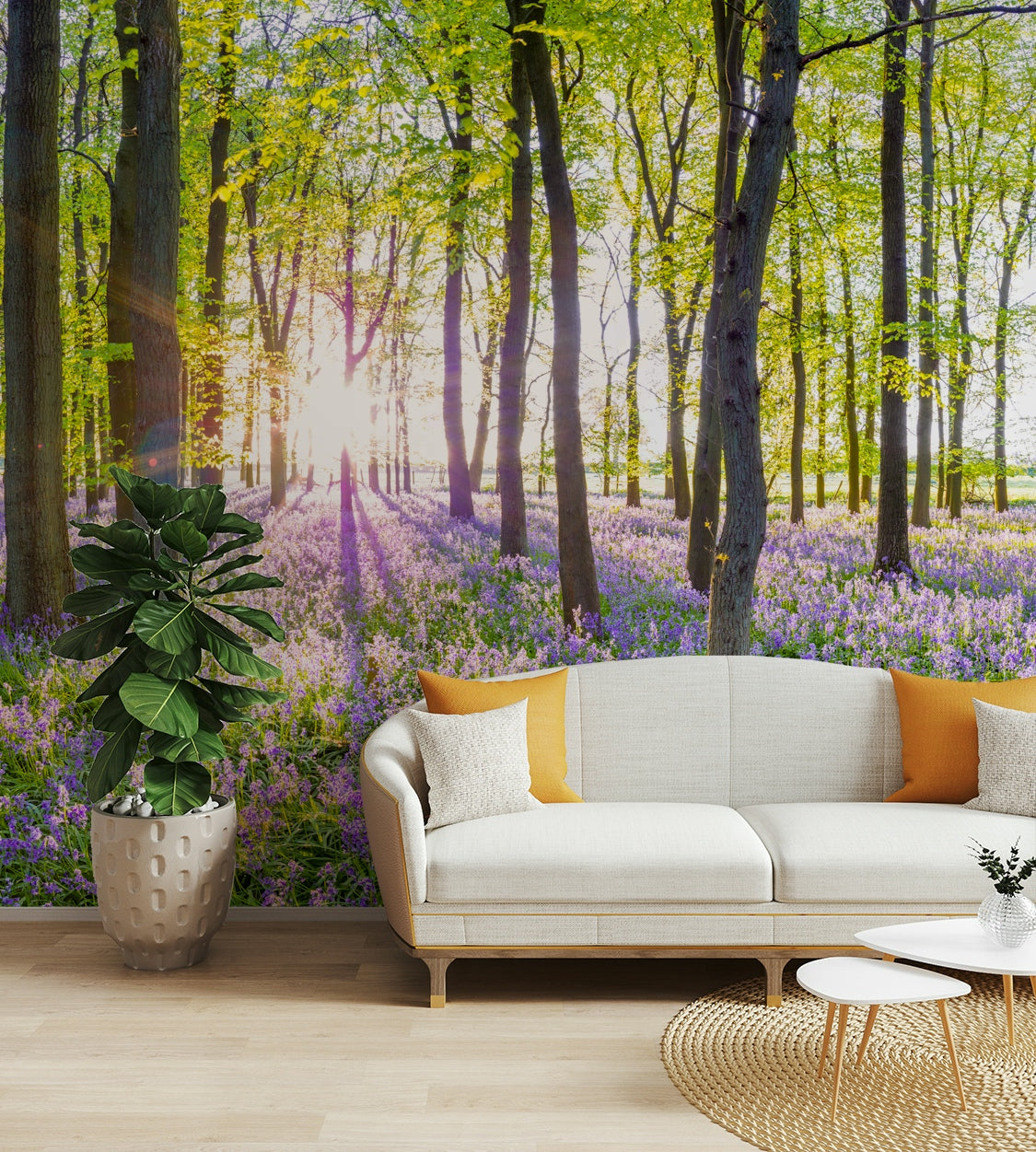 A peaceful panoramic wall mural of a quiet spring forest.

