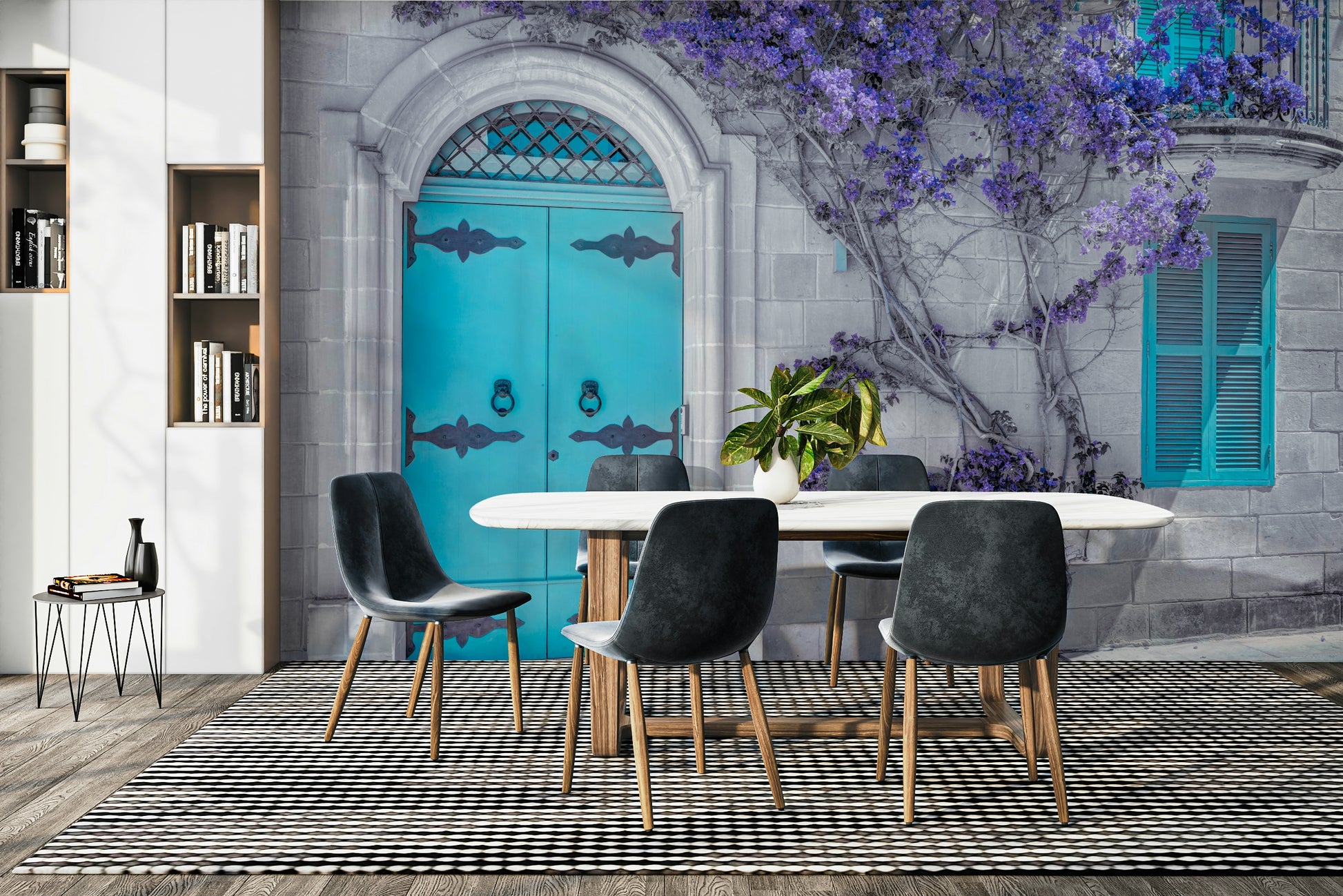 The colors are soft yet vibrant, with blues, grays, and purples.

