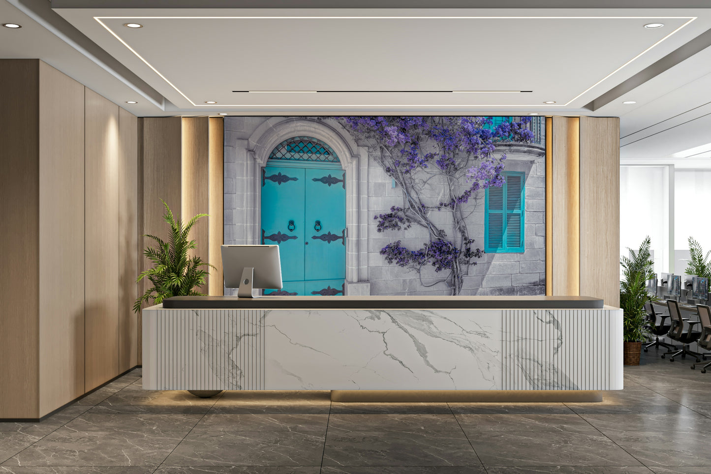 The building has an arched blue door and a window with blue shutters.

