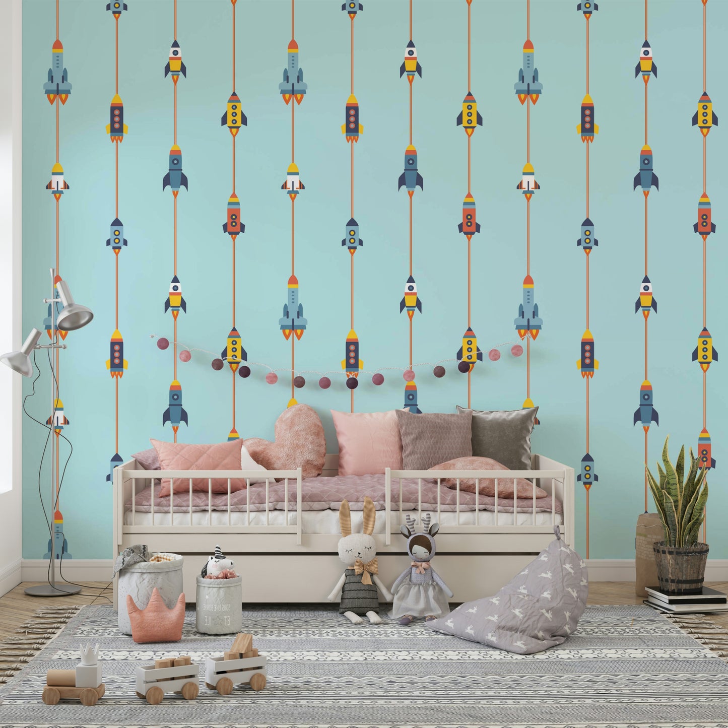 The mural extends across the entire wall, creating a clean backdrop.

